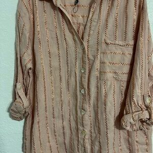 Club Z Collection Blouse Women's 1X Pink Metallic Collared Striped Shirt #229
